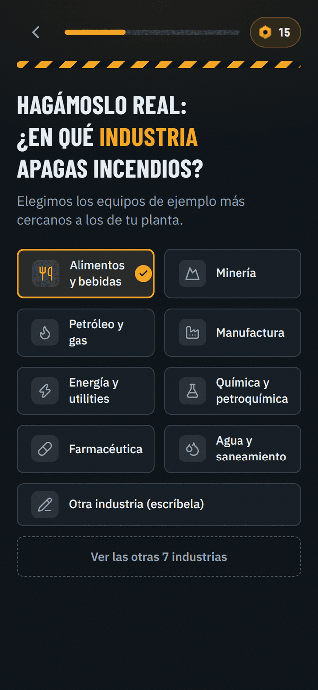 Pantalla de la app: eliges tu industria